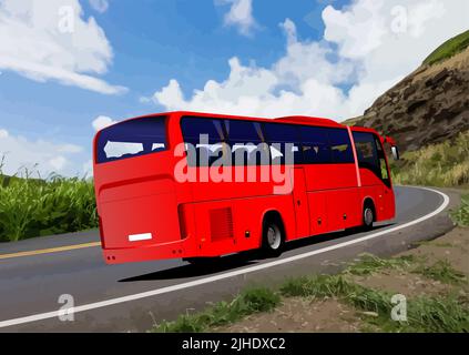 Tourist bus carries travelers by the mountain road.  3d vector color illustration Stock Vector