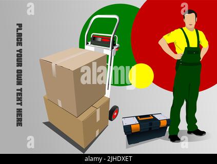 Male Contractor with Plastic box full for tools. 3d color vector illustration Stock Vector