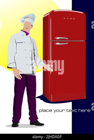 Chef cook and refrigerator. Vector 3d illustration Stock Vector
