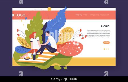 Family picnic online web page template man and woman on grass Stock Vector