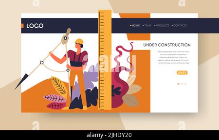 Building industry construction process online web page template vector concrete house Stock Vector
