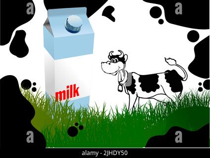 Dairy produces in carton box and cow image. Vector Stock Vector