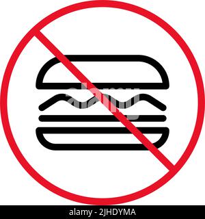 Dietary restriction. No junk food. Hamburger and prohibited sign. Editable vector. Stock Vector