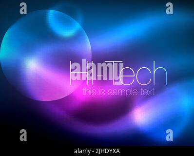 Blurred neon glowing circle, hi-tech modern bubble template, techno glowing glass round shapes or spheres. Geometric abstract background. Vector illus Stock Vector