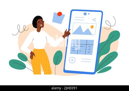 Young woman creating a note in note-taking application on her smartphone, typing text, adding pictures, data tables, app interface, cartoon human Stock Vector