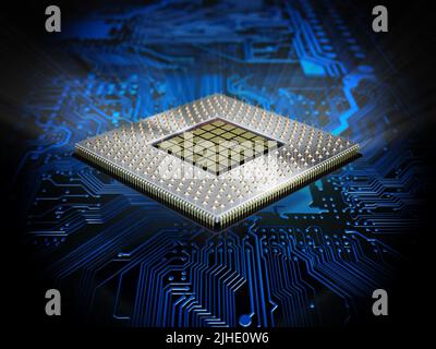 CPU with blue light on the mainboard. 3D illustration. Stock Photo