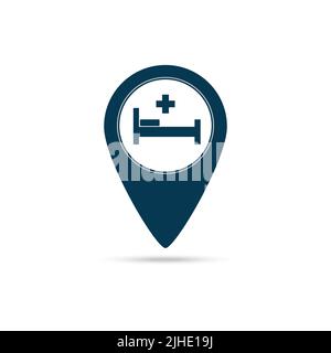 Map pointer with hospital cross icon isolated on white background. Vector illustration Stock Vector