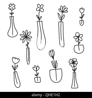Set of simple doodle Vector plants and flowers in pots and vases . Vector flat illustration Stock Vector
