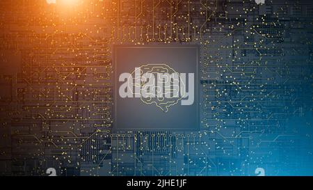 3d computer chip cpu with human brain. Processor on technology board. Ai, science, data, network concept. . High quality 3d illustration Stock Photo