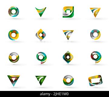 Set of various geometric icons -  rectangles triangles squares or circles. Made of swirls and flowing wavy elements. Business, app, web design logo te Stock Vector