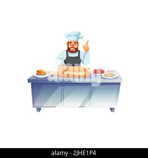 Flat cartoon man character chef cooks meal,teaches how to cook,professional food cooking courses vector illustration concept Stock Vector