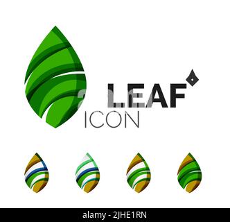 Set of abstract eco leaf icons, business logotype nature concepts, clean modern geometric design. Created with transparent abstract wave lines Stock Vector