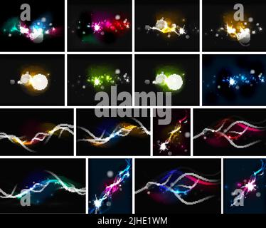 Glowing lines in the dark space, set of abstract backgrounds, modern hi-tech futuristic message presentation layouts or wallpapers Stock Vector