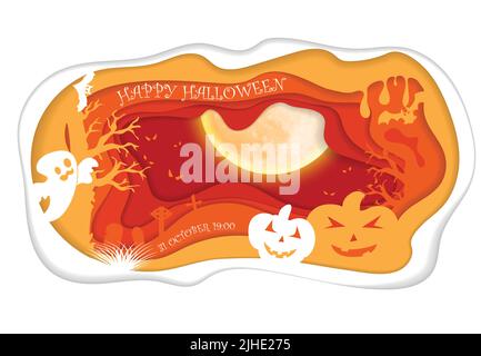 Design withpumpkin on cemetery. Happy halloween paper art style. Vector cut illustration. Stock Vector