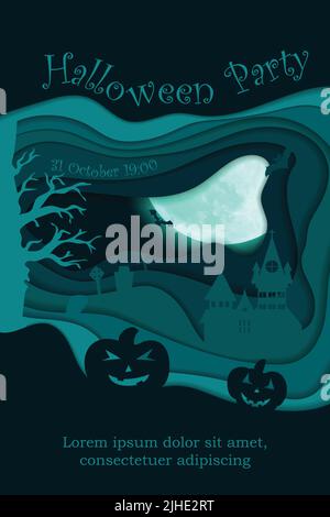 Happy halloween paper cut style. Concept of cemetery. Vector illustration. Stock Vector