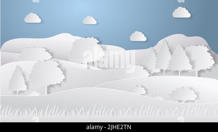 Summer camping paper cut style. Concept with hills, trees. Vector illustration Stock Vector