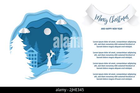 Winter landscape in paper style. Mountains, trees and houses. Layered cut out paper postcard. Vector illustration Stock Vector