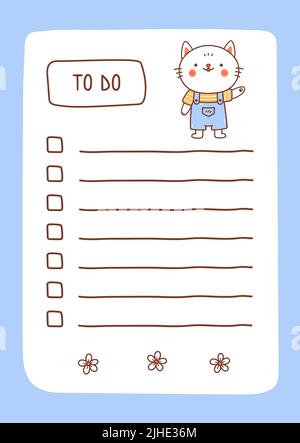 To do list template decorated by kawaii cat. Cute design of schedule, daily planner or checklist. Vector hand-drawn illustration. Perfect for planning, notes and self-organization. Stock Vector