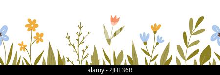 Seamless horizontal border with cute flowers and leaves. Botanical background. Perfect for decorations, greeting cards, banner designs. Vector illustration in hand-drawn flat style. Stock Vector