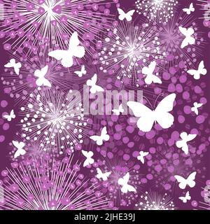 Seamless violet pattern of fireworks and butterflies. Vector illustration Stock Vector