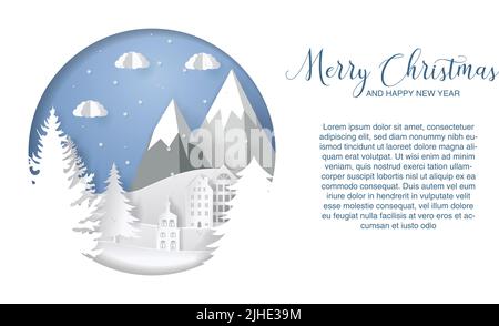 Winter landscape in paper style. Mountains, trees and houses. Layered cut out paper postcard. Vector illustration Stock Vector