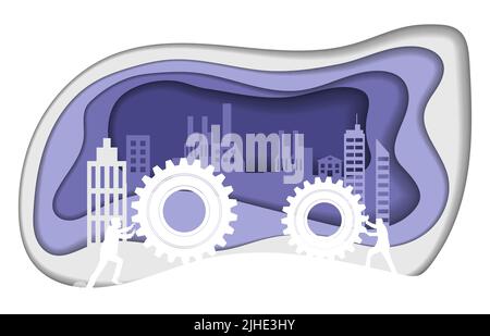 Vector business concept. Silhouettes teamwork. Paper art and craft style Stock Vector