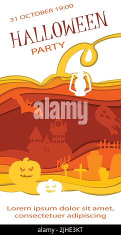 Happy Halloween poster design. Vector template with paper cut style symbols. Party invitation. Stock Vector