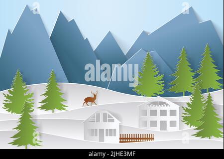 Mountain village with paper art style in color. Landscape city with people for Christmas postcard. vector illustration Stock Vector