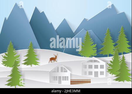 Mountain village with paper art style in color. Landscape city with people for Christmas postcard. vector illustration Stock Vector