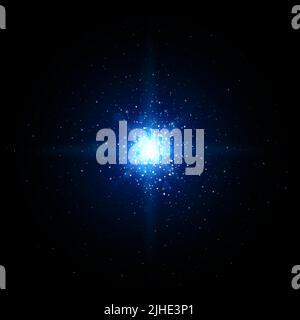 Bright blue star cluster, galaxy. Glowing blue stars in dark space. Shining galaxy in depths space. Glitter particles sparkling. Shiny abstract bokeh Stock Vector