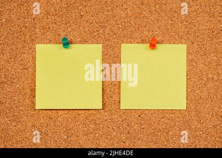 Two empty yellow sticky notes on a cork board with drawing pins, copy past Stock Photo