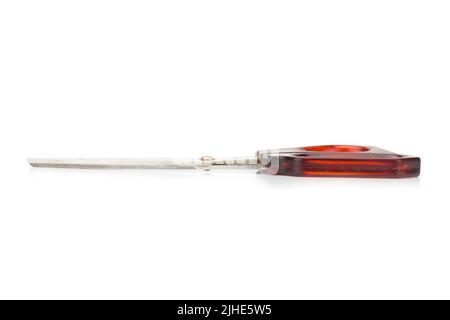 red scissors. dirty. isolated no white background. Stock Photo