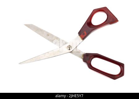 red scissors. dirty. isolated no white background. Stock Photo