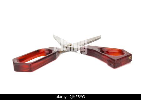 red scissors. dirty. isolated no white background. Stock Photo