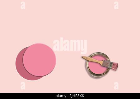 creative concept image of decorating remodeling painting paint paint pot can tin brush on a colourful pink background painted circle Stock Photo