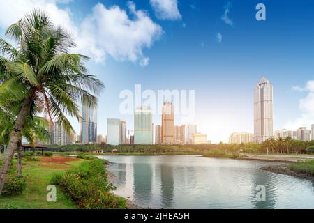 China Haikou Cityscape, high-rise by the lake. Stock Photo