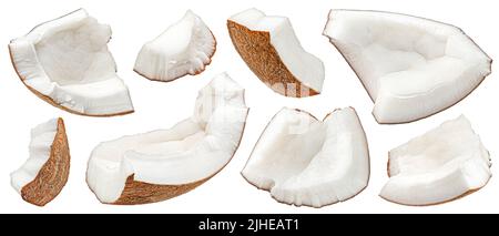 Coconuts pieces isolated on white background, full depth of field Stock Photo