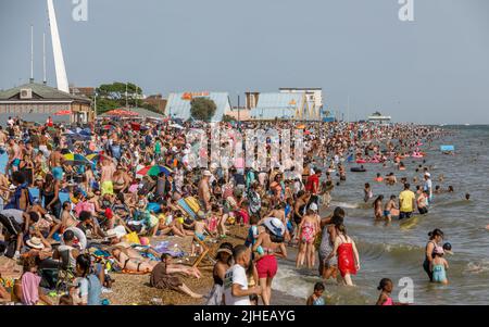 Southend-on-Sea, UK  July 17th 2022 Southend Beach full of people on a hot sunny day. Summer, packed, multicultural. UK heatwave 2022 Stock Photo