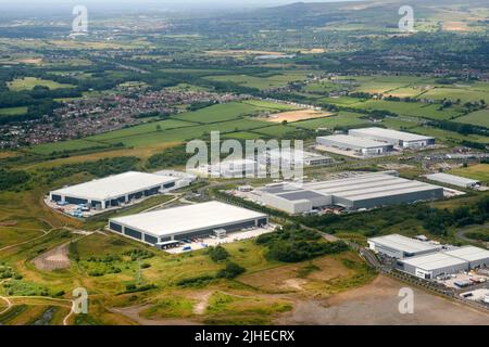 An aerial view of Logistics North distribution centre, Bolton, north west England, UK, developed by Harworth Estates