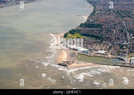 An aerial photograph of New Brighton Promenade and Marine Lake,  Liverpool, and River Mersey Background north west England, UK Stock Photo