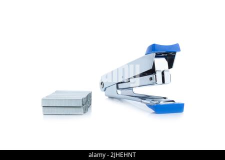 stapler steel color  blue and staples  isolated on white background Stock Photo