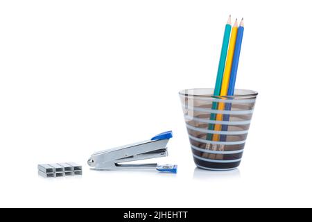 stapler steel color  blue. staples.Pencils in the pencil holders  isolated on white background Stock Photo