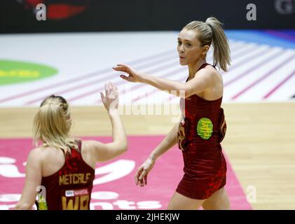 File photo dated 16-01-2022 of England's Helen Housby (right). For all the stress and tension the final moments of the 2018 final generated, Housby insists she does not have nightmares about what would have happened if she had missed the shot that changed the course of English netball history. Issue date: Monday July 18, 2022. Stock Photo