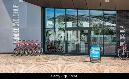 Dundee, Scotland, UK – June 23 2022. Push bikes available to hire from Dundee Cycle Hub on the waterfront Stock Photo