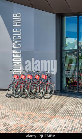 Dundee, Scotland, UK – June 23 2022. Push bikes available to hire from Dundee Cycle Hub on the waterfront Stock Photo