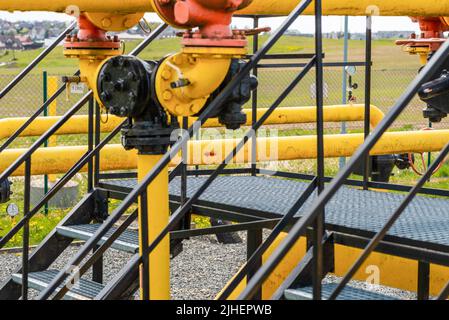 Valves at gas plant,pressure safety valve,selective focus.Background for business. Stock Photo