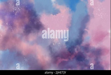 Abstract pastel blue, pink and purple watercolor with white spots on grain paper. Watercolor bleed wash and ink stain design. Mixed colors. Grunge bac Stock Photo