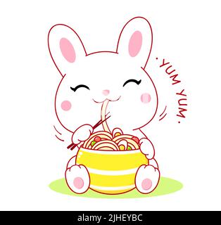 Cute white rabbit eat ramen noodles. Inscription You and me. Kawaii little bunny are happy to eat noodles. Vector illustration EPS8 Stock Vector