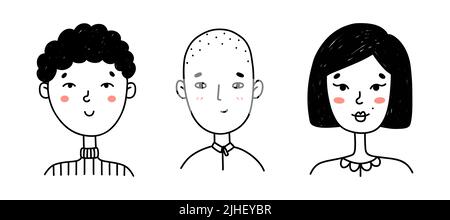 Set of cute peoples faces in doodle style. Portraits of happy young girls and boys isolated on white background. Perfect for social media, avatars.Vector hand-drawn illustration of cartoon characters Stock Vector