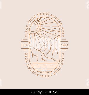 Landscape emblem. Trendy outline logo for travel agencies, eco tourism, outdoor resort, glamping or other themes. Line badge with mountains and sun Stock Vector
